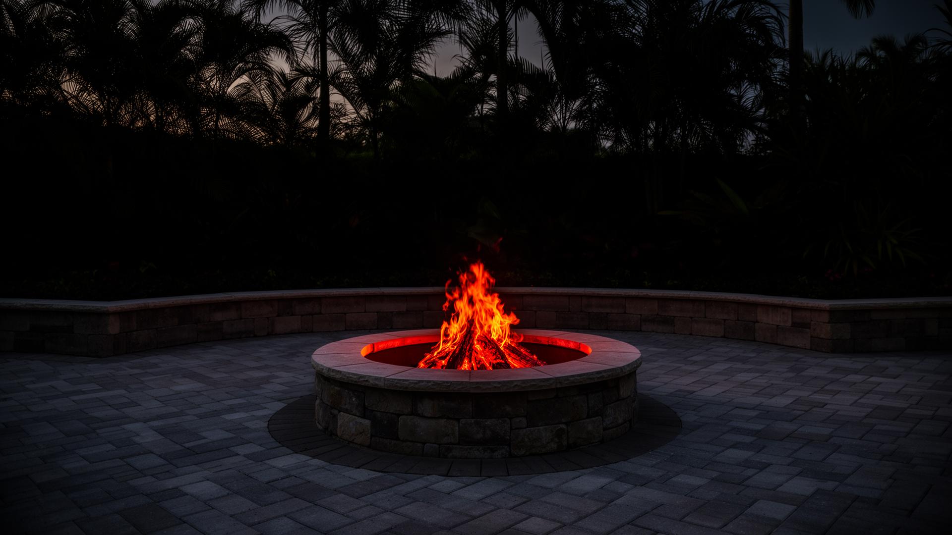 Custom paver patio with stone fire pit at dusk in Clearwater, Florida